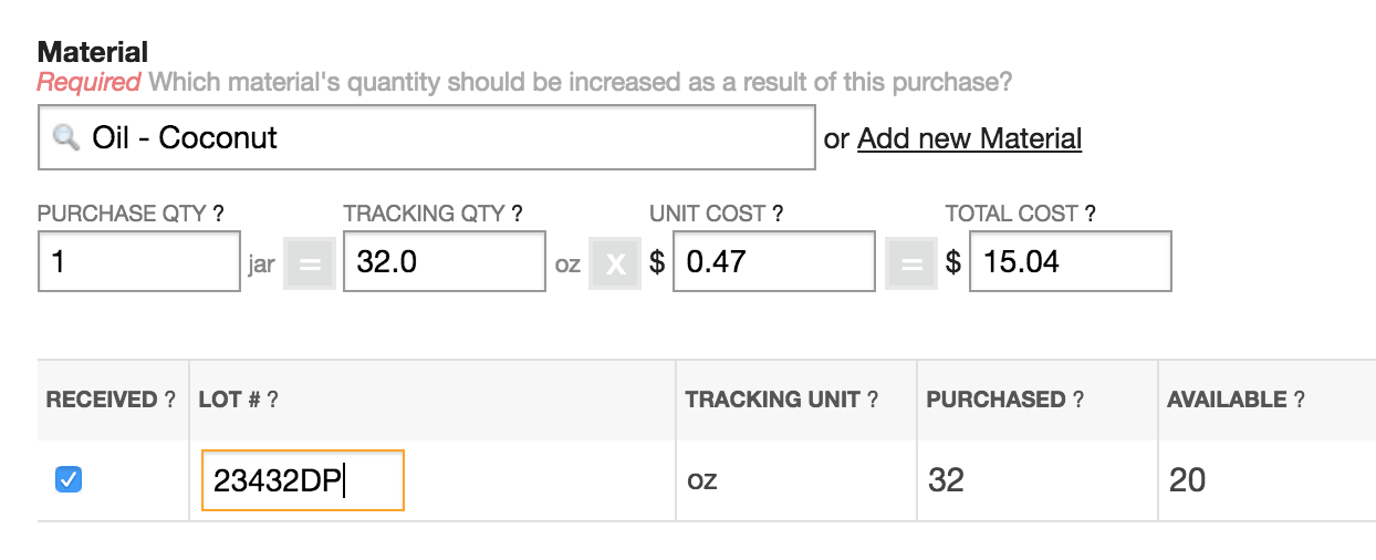 Tracking Lot Numbers when purchasing new materials