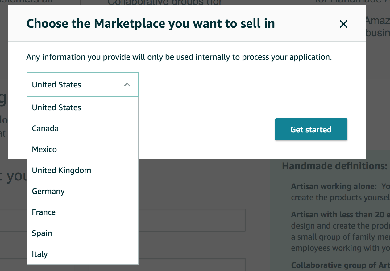 Amazon Handmade Application Process - Choose Marketplace