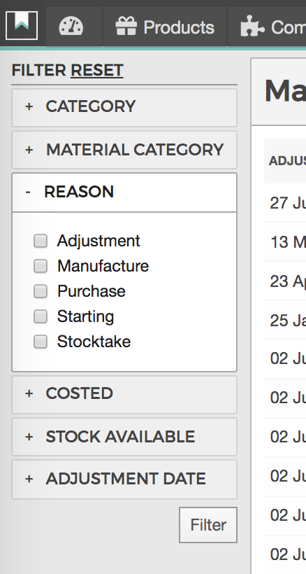Improved filtering for material adjustments