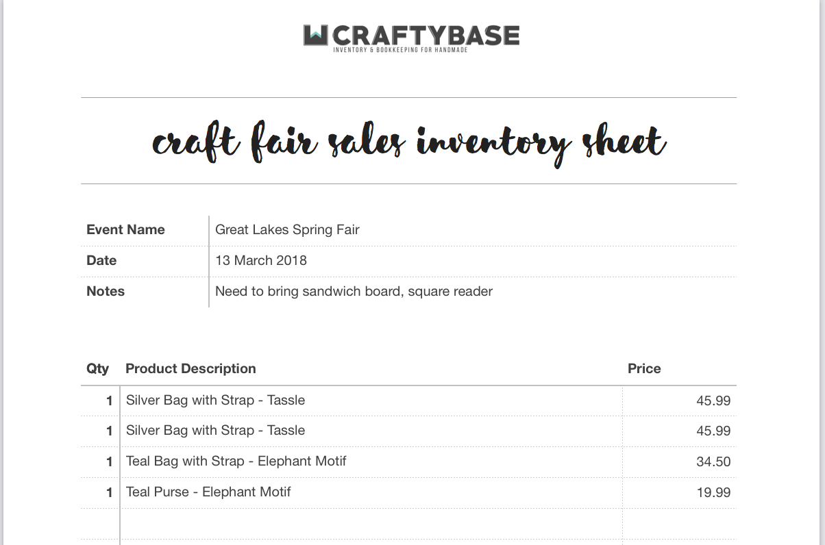 Craft show inventory template - free